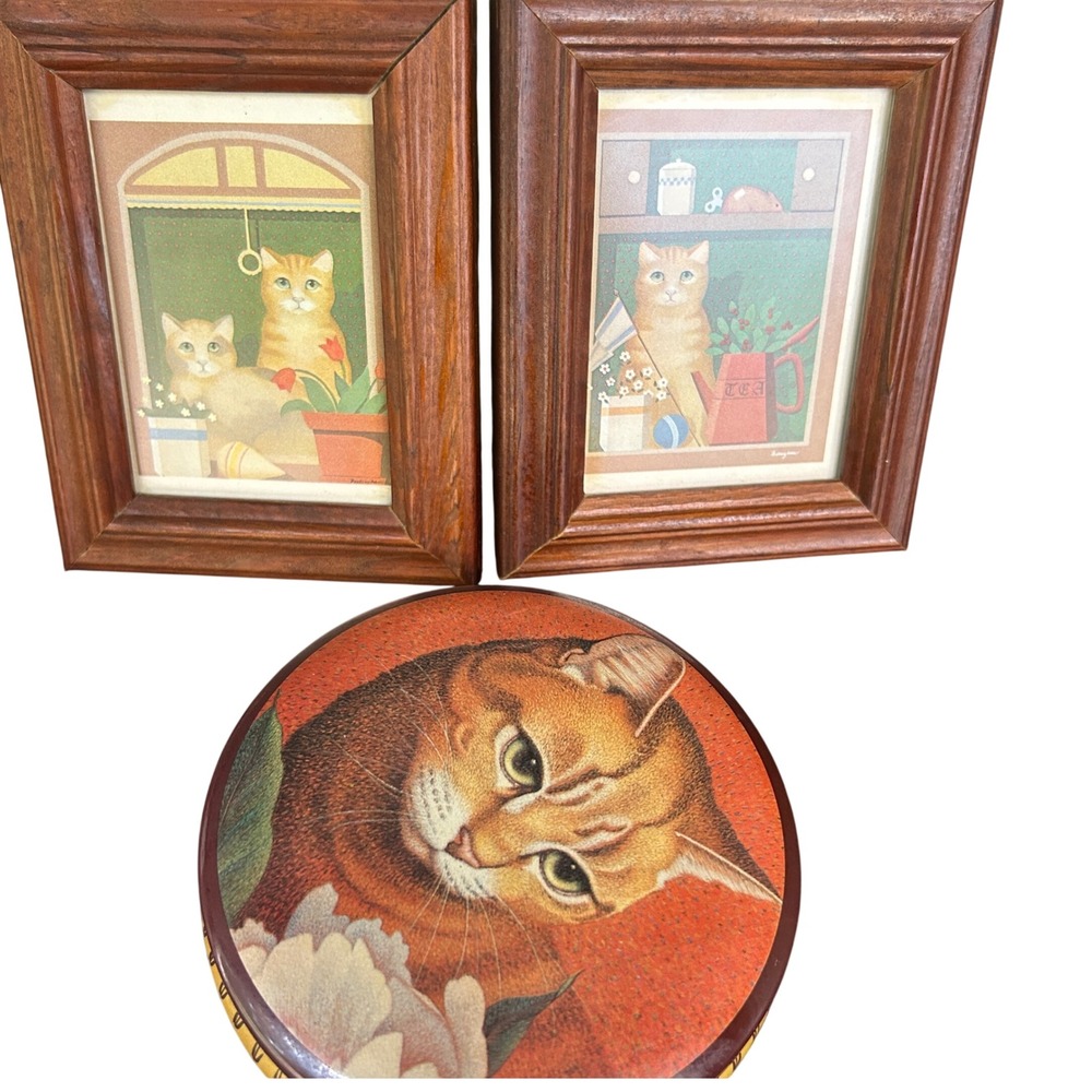 Mary Peckingham VTG Folk Art cat Litho Print Bundle 3 & Metal Ginger Tabby Decor